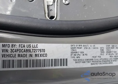 2020 Dodge Journey Se Value z USA, uszkodzony, nr VIN 3C4PDCAB9LT277970